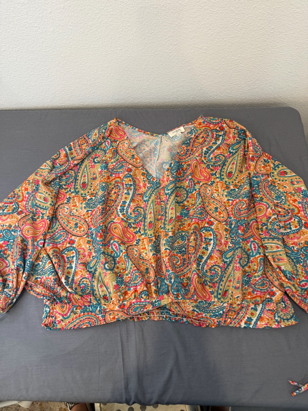Umgee Multicolor Paisley V-Neck Blouse - Teal, Orange, Yellow, Pink